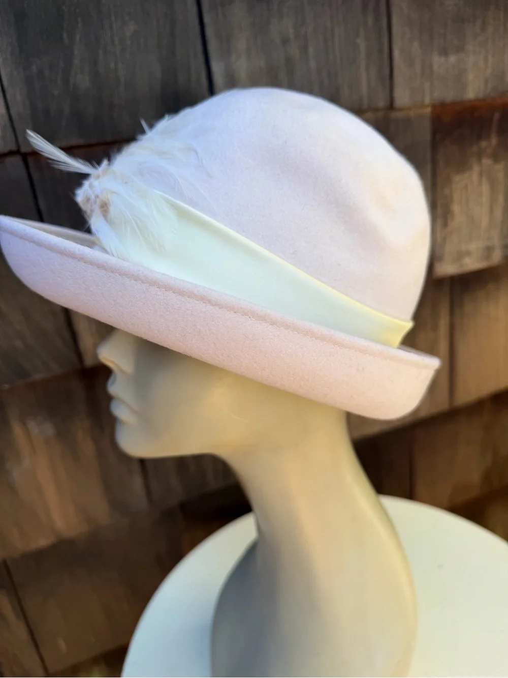 Vintage Mr Charles wool bowler brim hat cream color feathers rhinestones Sz 21”